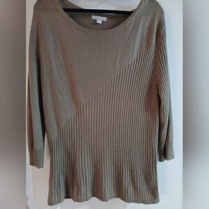 New York & Company Tan Crewneck Top with Ribbed Knit